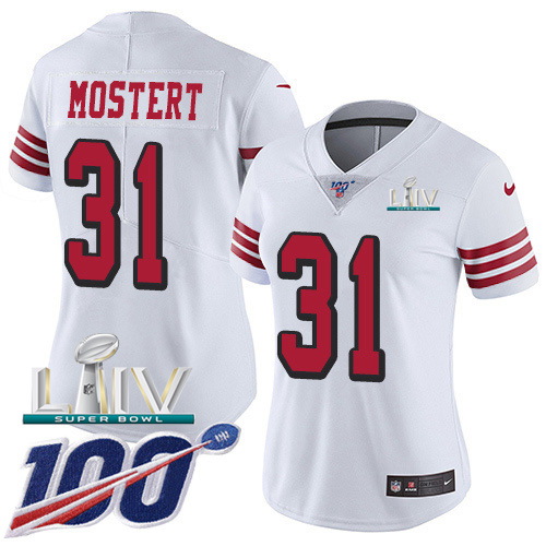 San Francisco 49ers Nike #31 Raheem Mostert White Super Bowl LIV 2020 Women Stitched NFL Limited Rush 100th Season Jersey->youth nfl jersey->Youth Jersey